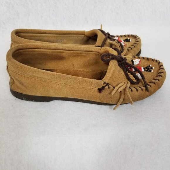 MINNETONKA MOCCASINS Beaded Suede Leather Thunderbird SlipOn Tan Size 7.5 ~ 4127 - Picture 4 of 9